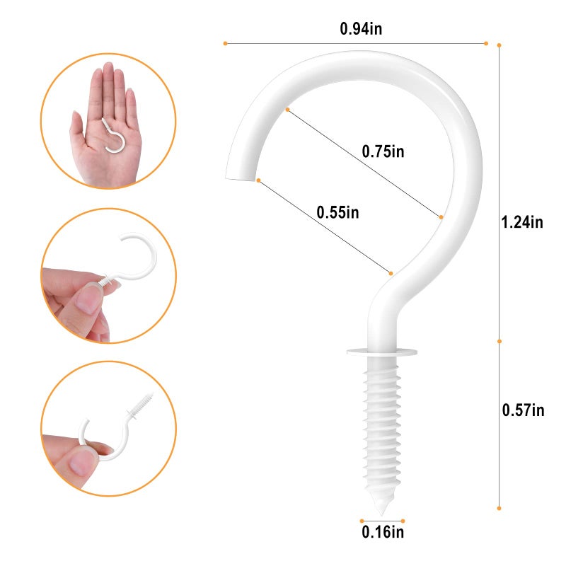 Relbro 50 Pcs Screw Hooks 1-1/4 Inch White Cup Hooks Screw In Mug Hooks Metal Heavy Duty Screw Wood Wall Ceiling Hooks Plant Hooks Indoor Outdoor For Utensils Plants Baskets Lights Wreaths - Image 3