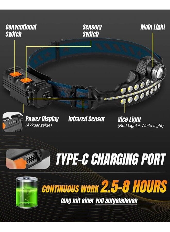 Rechargeable Headlamp,Super Bright Head Lamp with Red Light & Motion Sensor, 7 Modes Waterproof Hard Hat LED Headlamp for Adults, 230° Wide Beam Headlamps for Outdoor,Running,Hunting,Hiking  - Image 4