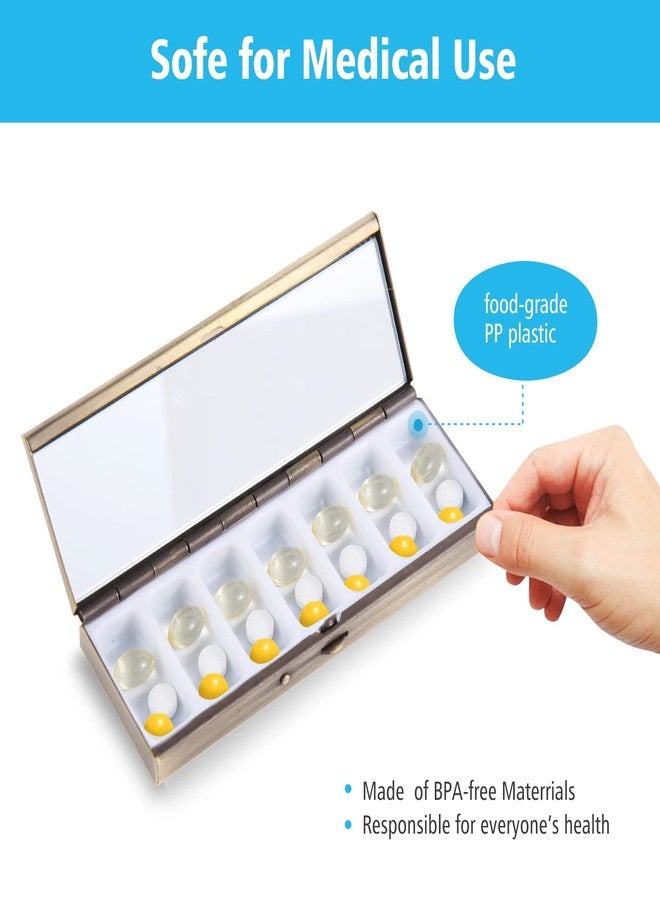Goshentech 7 Day Pretty Mini Metal Pill Organizer Pill Box with Spring Open Design and Large Compartment to Hold Vitamins Cod Liver Oil Supplements and Medication(Bronze) - Image 3