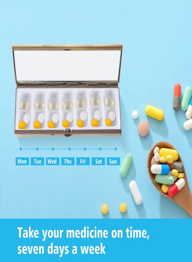 Goshentech 7 Day Pretty Mini Metal Pill Organizer Pill Box with Spring Open Design and Large Compartment to Hold Vitamins Cod Liver Oil Supplements and Medication(Bronze) - Image 2