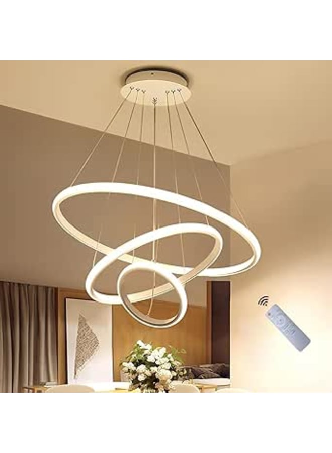 Modern Led Chandelier With Remote Control, 3-Ring Circular Design, Dimmable Pendant Light Fixture, White
