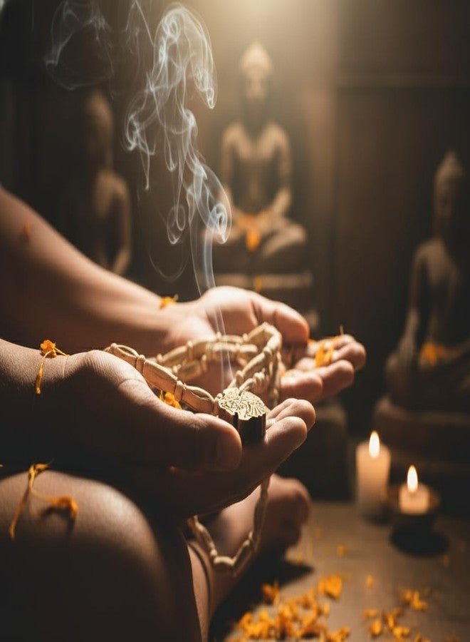 ANVIKA قلادة أنفيكا الأصلية من ثلاث طبقات من خرز تولسي، مستوحاة من معبد فريندافان، مزينة بصورة رادها كريشنا، قلادة من الريحان المقدس للتأمل وترديد المانترا، قلادة تولسي من معبد إيسكون لمحبي رادها كريشنا. - Image 5