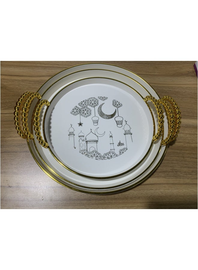 SHABILI 3PCS Serving Tray with Handles ,Round Large Serving Platters Gold Plates for Dinner, Party, Entertaining（Plastic） 