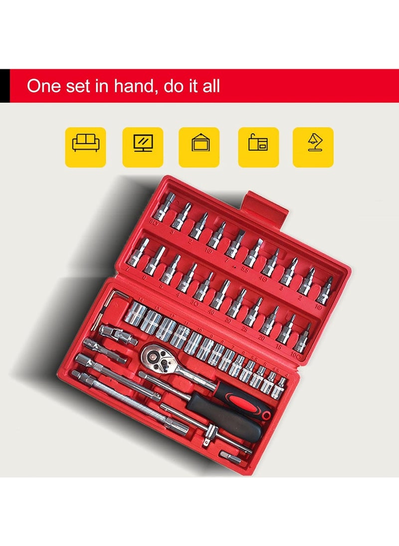 Generic Ratchet Wrench Set of 46, Socket Tool Kit Set, Hard Chrome Plated, Vanadium Steel, Anti-Slip Handle, Ratchet Wrench, Garage Tool Set, Car, Motorcycle  - Image 5