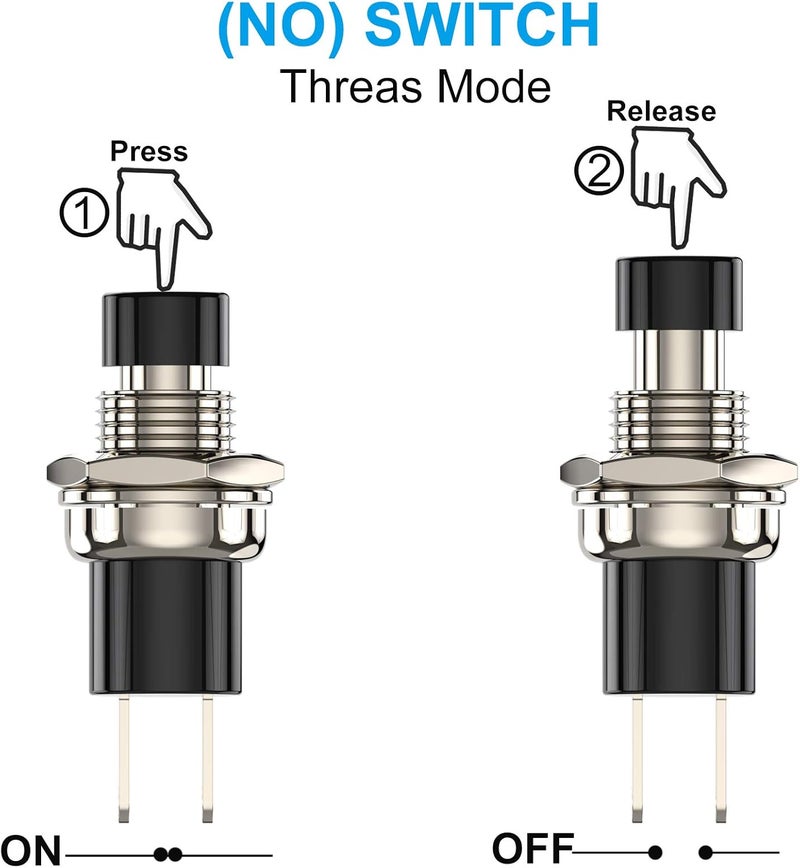 DIYhz Momentary Push Button Switch, 1A 250VAC SPST Mini Pushbutton Switches Normally Open(NO) Black Cap - 10pcs - Image 2