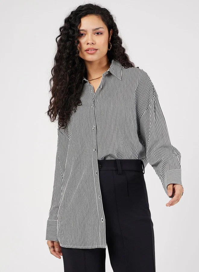 SASSAFRAS Oversized Black & White Striped Casual Shirt for Women