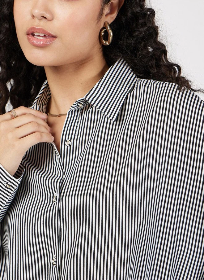 SASSAFRAS Oversized Black & White Striped Casual Shirt for Women
