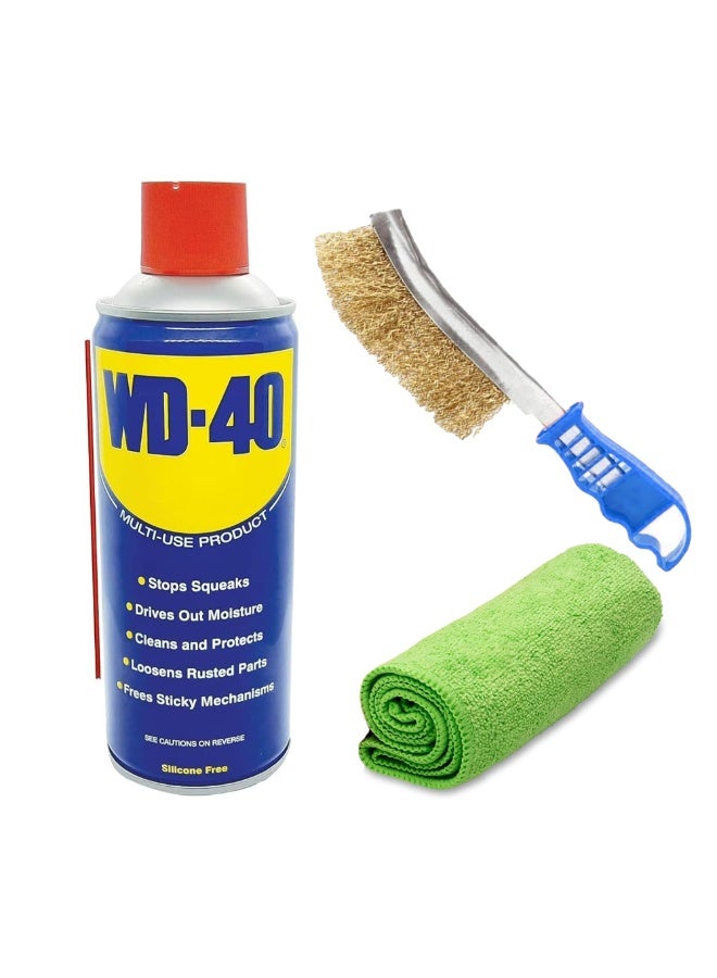 دبليو دي 40 مجموعة بخاخ WD-40 متعدد الاستخدامات، فرشاة سلكية من الفولاذ المقاوم للصدأ ومناشف تنظيف مايكروفايبر - Image 1
