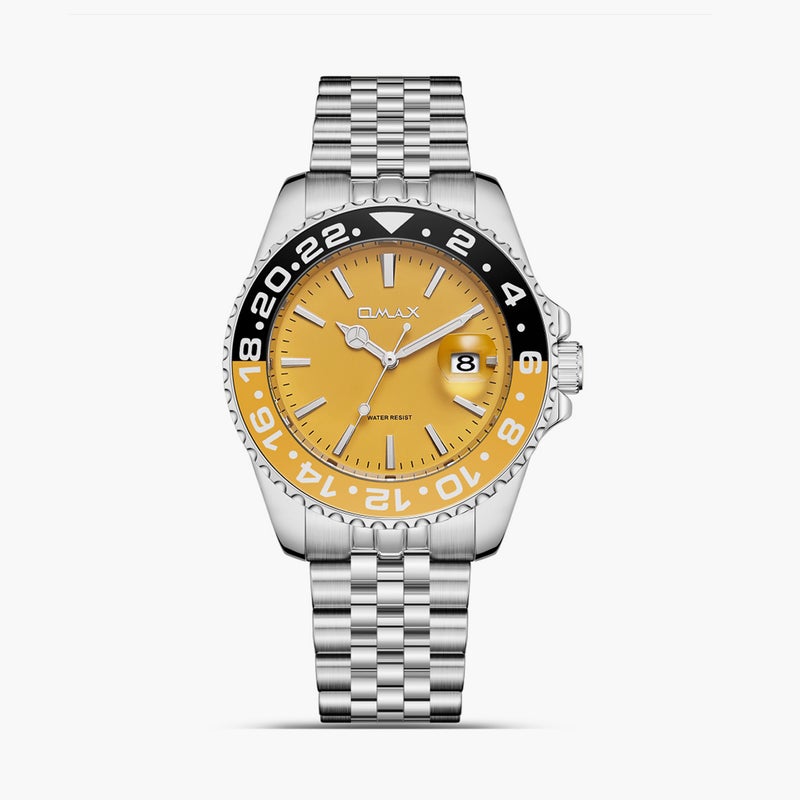 Omax Men's Silver Analog Watch with Yellow Dial - Image 1
