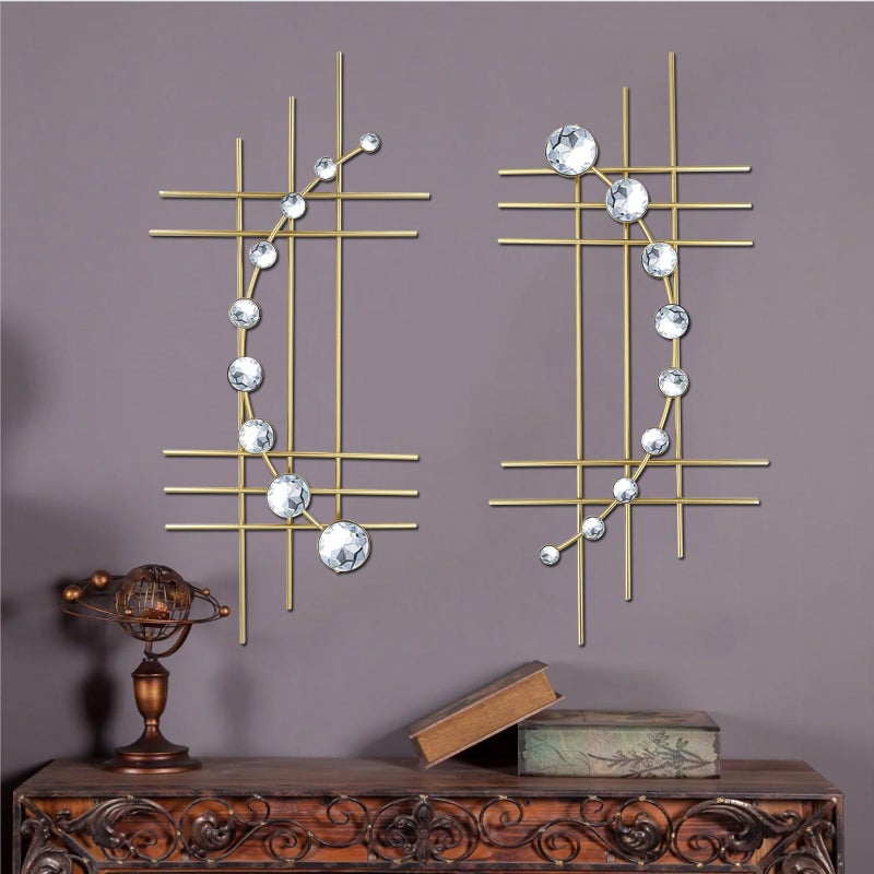ZEXUIRU 2 Pack Gold Abstrac Wall Decor â€“ Metal Crystal Wall Art with Sparkling Rhinestones, 16.5â€™â€™/24 Inch Wall Hanging Set for Living Room Bedroom Bathroom â€“ Modern Bling Home Decorations - Image 1