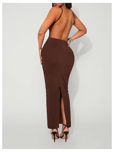 OYOANGLE Women's Backless Sleeveless Wedding Guest Bodycon Maxi Dress Slit Back Cocktail Evening Dresses Brown Small - Image 2