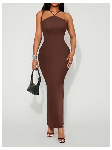 OYOANGLE Women's Backless Sleeveless Wedding Guest Bodycon Maxi Dress Slit Back Cocktail Evening Dresses Brown Small - Image 4