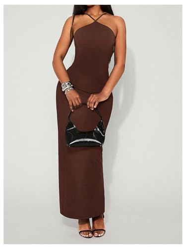 OYOANGLE Women's Backless Sleeveless Wedding Guest Bodycon Maxi Dress Slit Back Cocktail Evening Dresses Brown Small - Image 3