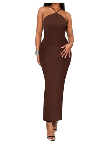 OYOANGLE Women's Backless Sleeveless Wedding Guest Bodycon Maxi Dress Slit Back Cocktail Evening Dresses Brown Small - Image 1