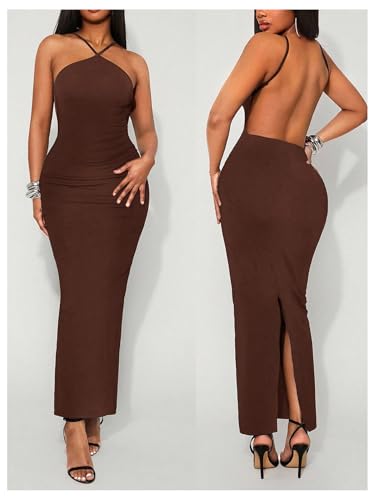 OYOANGLE Women's Backless Sleeveless Wedding Guest Bodycon Maxi Dress Slit Back Cocktail Evening Dresses Brown Small - Image 5