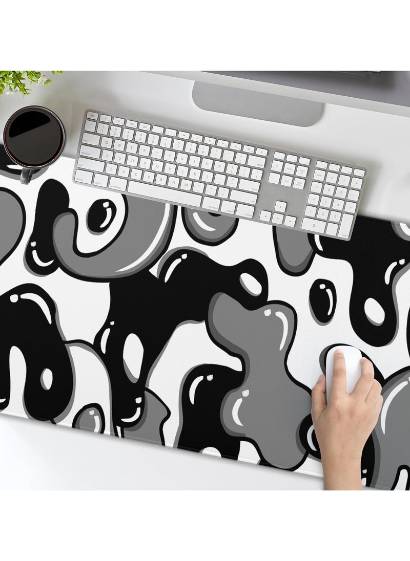 80CM x 30CM Black and White Gaming Mouse Pad, Anime Cool Desk Pad Geometric Desk Mat Non-Slip Rubber Base Stitched Edge Extended Keyboard PC Computer Pad Gaming for Home Office Work Desktop