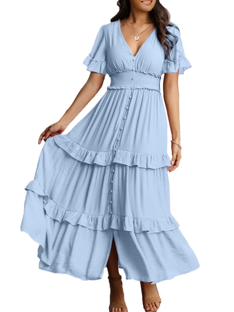 Amegoya Women's V Neck Summer Boho Maxi Dress Wedding Guest Tiered Ruffle Sleeve Long Flowy Dresses (Blue M) - Image 5