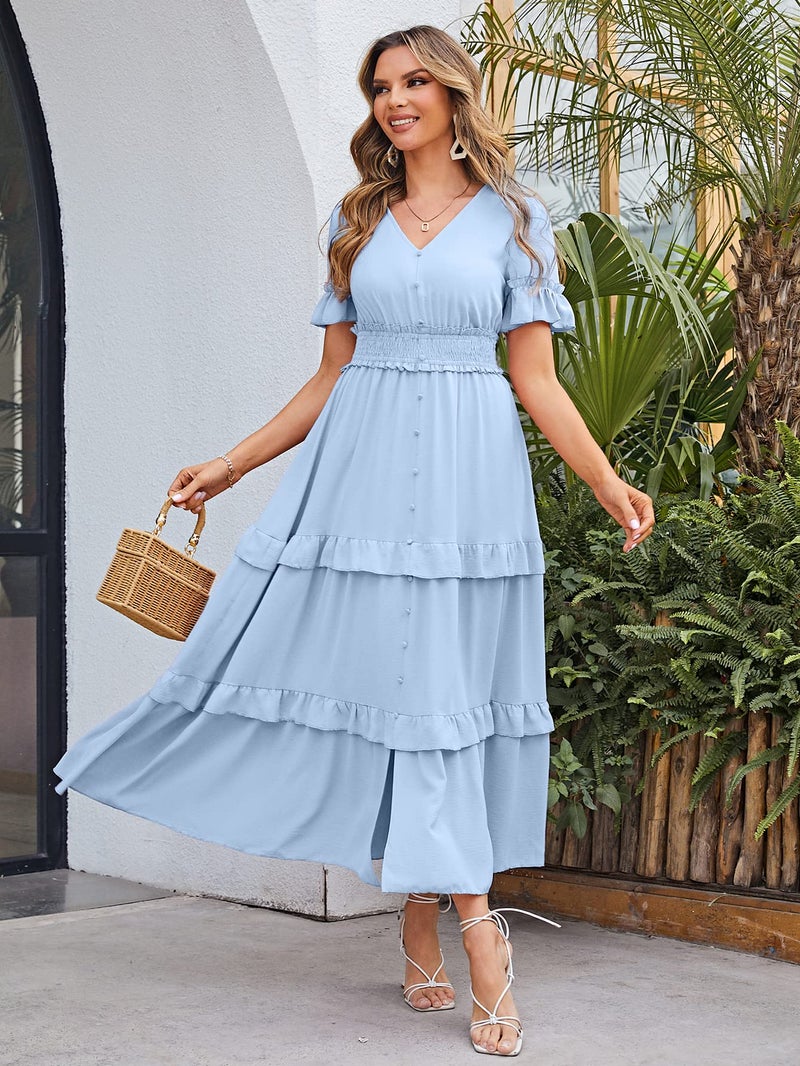 Amegoya Women's V Neck Summer Boho Maxi Dress Wedding Guest Tiered Ruffle Sleeve Long Flowy Dresses (Blue M) - Image 2