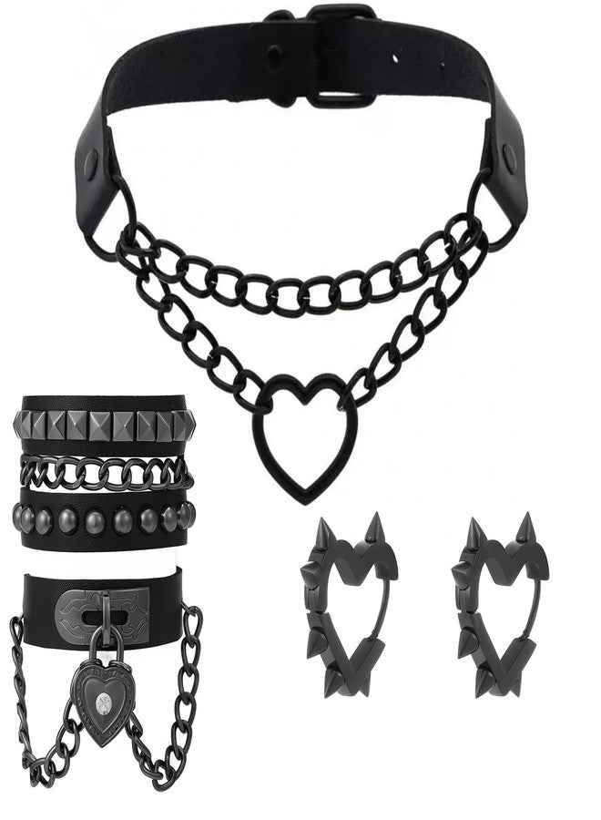 Dhdfisd Black Heart Necklace Studded Bracelet Goth Spiked Earrings Gothic Punk Grunge Emo Leather Jewelry Set for Women Man 5PCS - Image 1