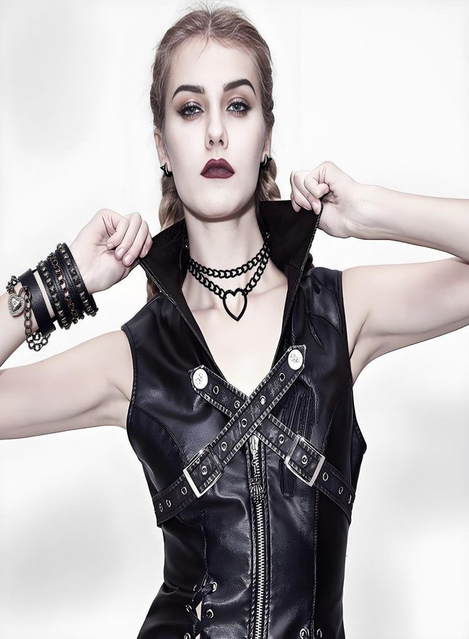 Dhdfisd Black Heart Necklace Studded Bracelet Goth Spiked Earrings Gothic Punk Grunge Emo Leather Jewelry Set for Women Man 5PCS - Image 2