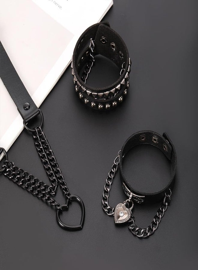 Dhdfisd Black Heart Necklace Studded Bracelet Goth Spiked Earrings Gothic Punk Grunge Emo Leather Jewelry Set for Women Man 5PCS - Image 5