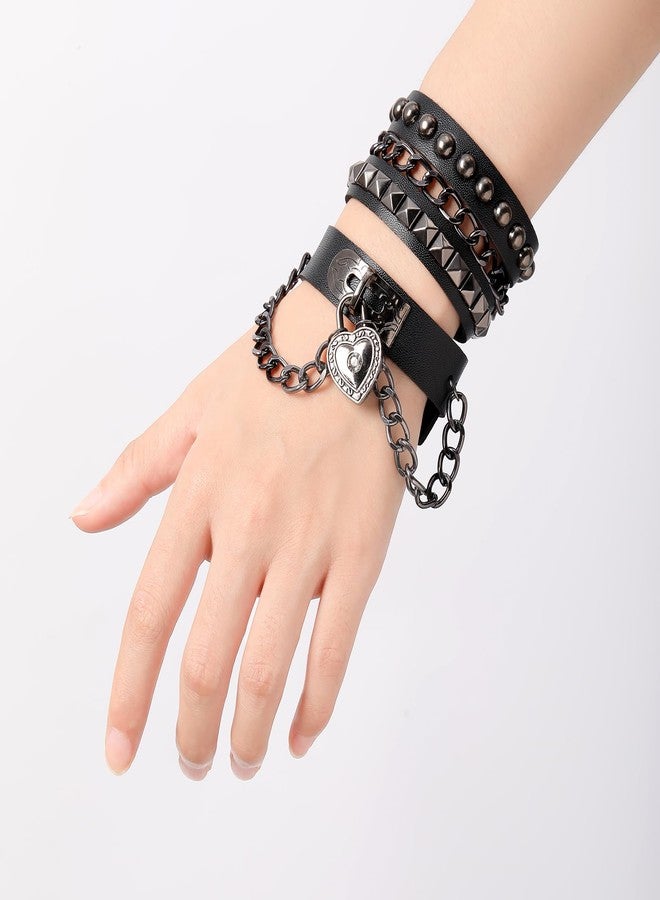 Dhdfisd Black Heart Necklace Studded Bracelet Goth Spiked Earrings Gothic Punk Grunge Emo Leather Jewelry Set for Women Man 5PCS - Image 3