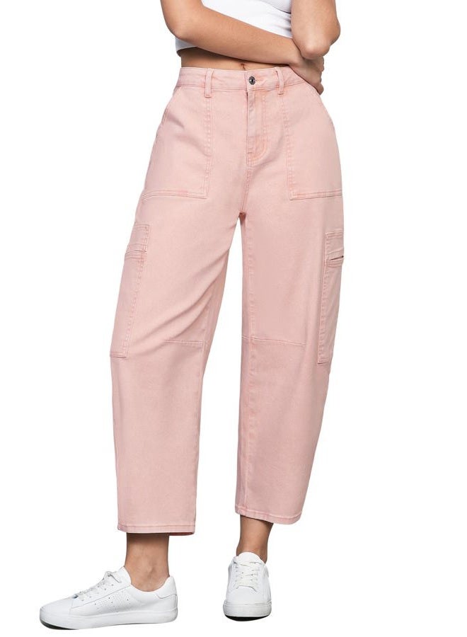 GRAPENT Barrel Jeans for Women Trendy High Waisted Cropped Cargo Pocket Baggy Stretch Denim Pants Wide Leg Tapered Jeans, Candy Pink, XL - Image 1