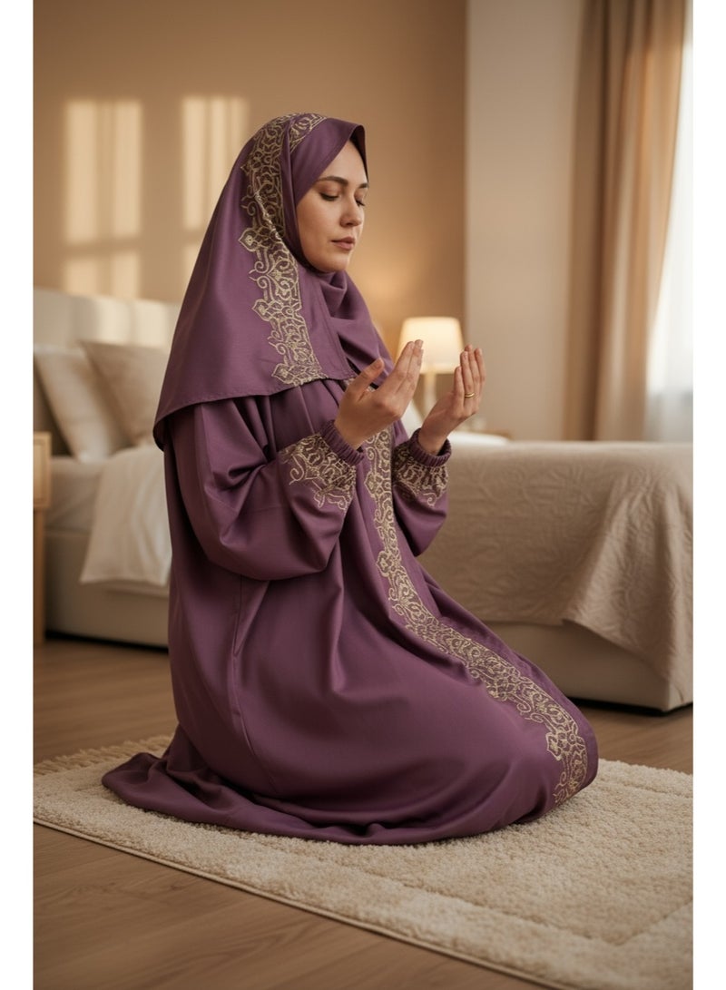 AL-HRAER Luxurious And Comfortable Prayer Set Embroidered With Elegant Golden Threads In An Exquisite Arabic Design Adding A Touch Of Elegance And Serenity To Your Spiritual Moments A Perfect Choice For The Sophisticated Woman And A Distinguished Gift Option - Image 2