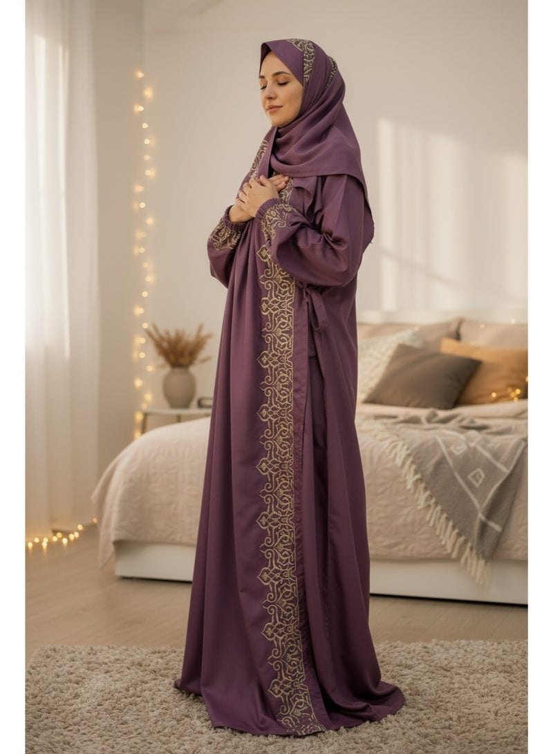 AL-HRAER Luxurious And Comfortable Prayer Set Embroidered With Elegant Golden Threads In An Exquisite Arabic Design Adding A Touch Of Elegance And Serenity To Your Spiritual Moments A Perfect Choice For The Sophisticated Woman And A Distinguished Gift Option - Image 1
