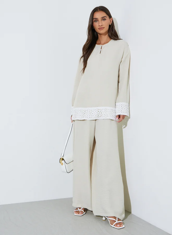 Beige Solid Lace Trims Blouse And Wide Leg Trousers Co-Ord Set