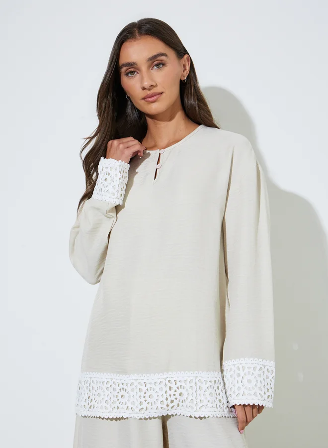 Styli Beige Solid Lace Trims Blouse And Wide Leg Trousers Co-Ord Set