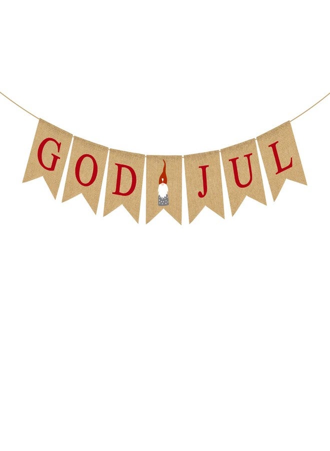 Rainlemon Burlap God Jul Banner Tomte Christmas Gnome Swedish Nordic Scandinavian Rustic Winter Farmhouse Fireplace Mantle Decoration - Image 1