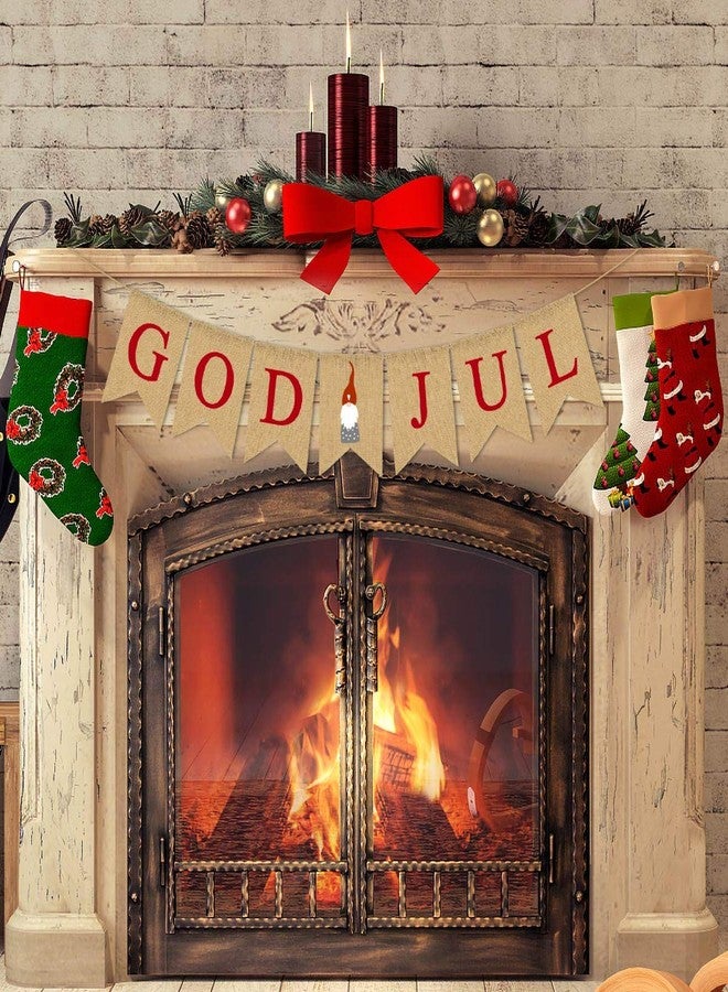 Rainlemon Burlap God Jul Banner Tomte Christmas Gnome Swedish Nordic Scandinavian Rustic Winter Farmhouse Fireplace Mantle Decoration - Image 4