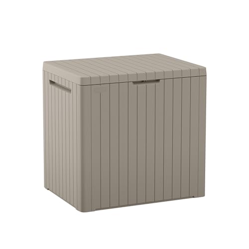 Keter City 30 Gallon Resin Outdoor Storage Box and Patio Furniture Side Table for Pool and Garden Accessories, Beige - Image 1