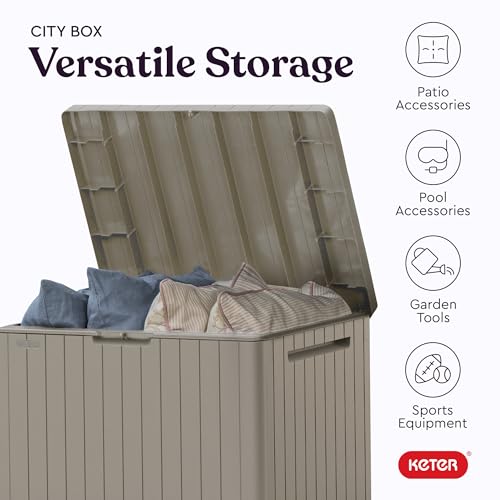 Keter City 30 Gallon Resin Outdoor Storage Box and Patio Furniture Side Table for Pool and Garden Accessories, Beige - Image 5