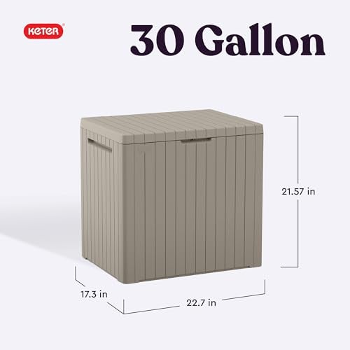 Keter City 30 Gallon Resin Outdoor Storage Box and Patio Furniture Side Table for Pool and Garden Accessories, Beige - Image 2