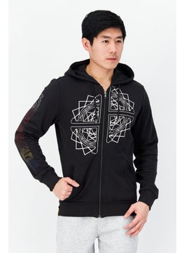 Men Printed Full Zip Long Sleeve Fleece Sweatshirts, Black