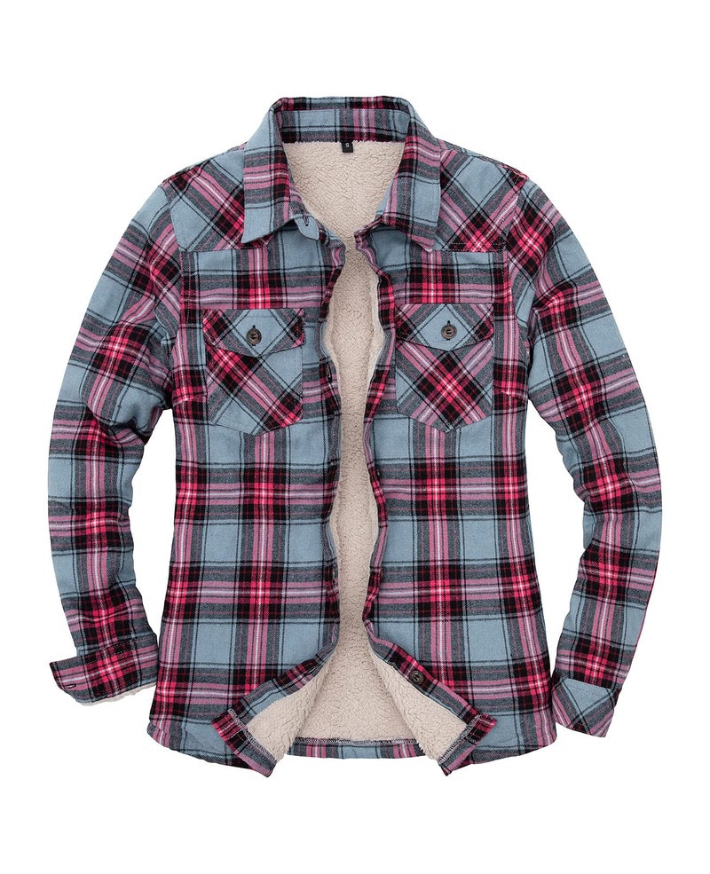 ThCreasa Plaid Jacket for Women Flannel Sherpa Fleece Lined Button Down Womens Western Shirts Jacket BluePink XL - Image 3