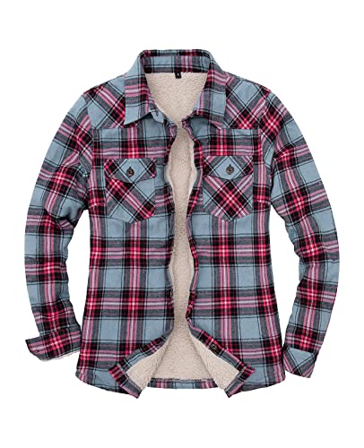ThCreasa Plaid Jacket for Women Flannel Sherpa Fleece Lined Button Down Womens Western Shirts Jacket BluePink XL - Image 1