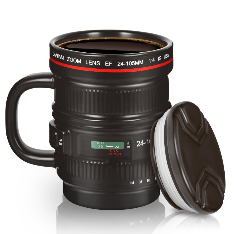 Cabtnca Ceramic Camera Lens Coffee Mug Cool Photography Gifts for Photographers Christmas with Lid and Handle 16Oz