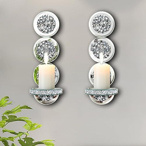 ZOLAPI Set of 2 Crystal Crush Diamond Candle Sconces, Gorgeous Silver Mirrored Wall Sconce, Round Candle Holder Glass - Image 2