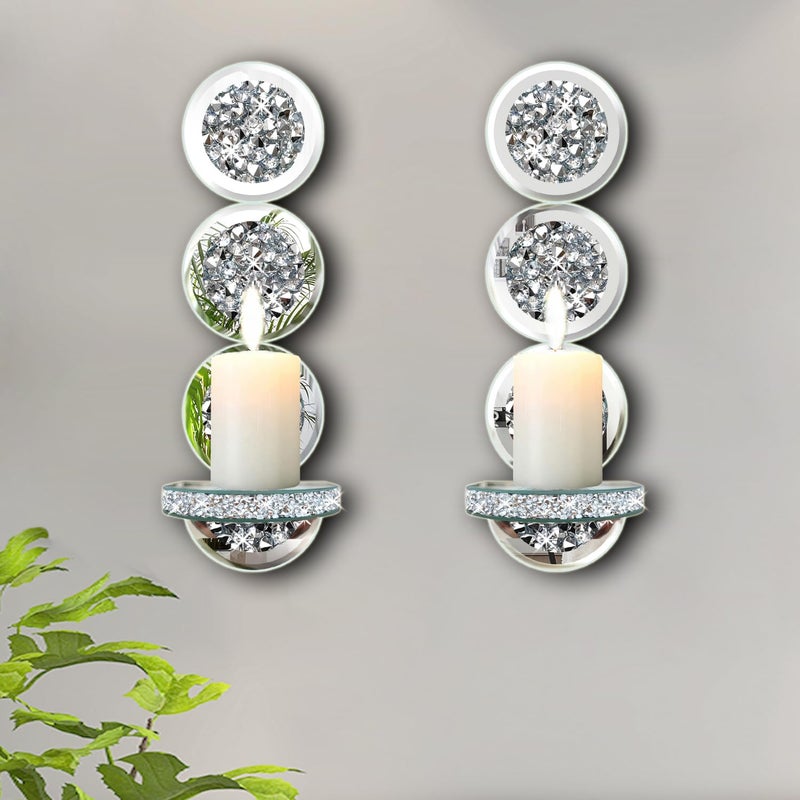 ZOLAPI Set of 2 Crystal Crush Diamond Candle Sconces, Gorgeous Silver Mirrored Wall Sconce, Round Candle Holder Glass - Image 1
