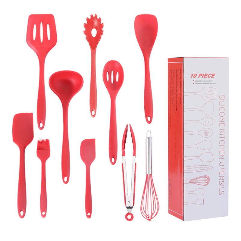 All-inclusive Silicone Kitchenware 10-Piece Set Storage Bucket Cooking Spatula Spoon Kitchen Tools 10-Piece Kitchenware Set red ten piece set - Image 1