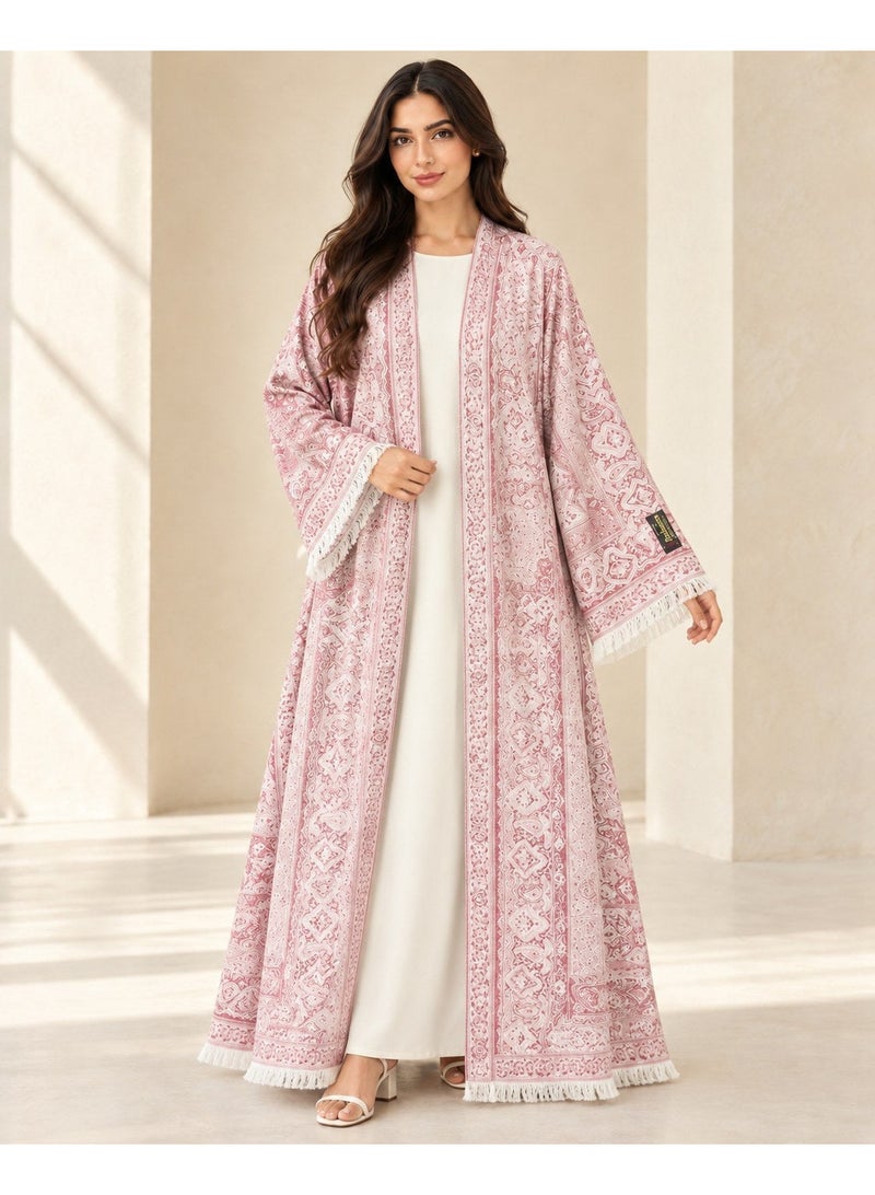 KAVALEE Women's Pink Paisley Pashmina Open Abaya with Matching Scarf - Image 1