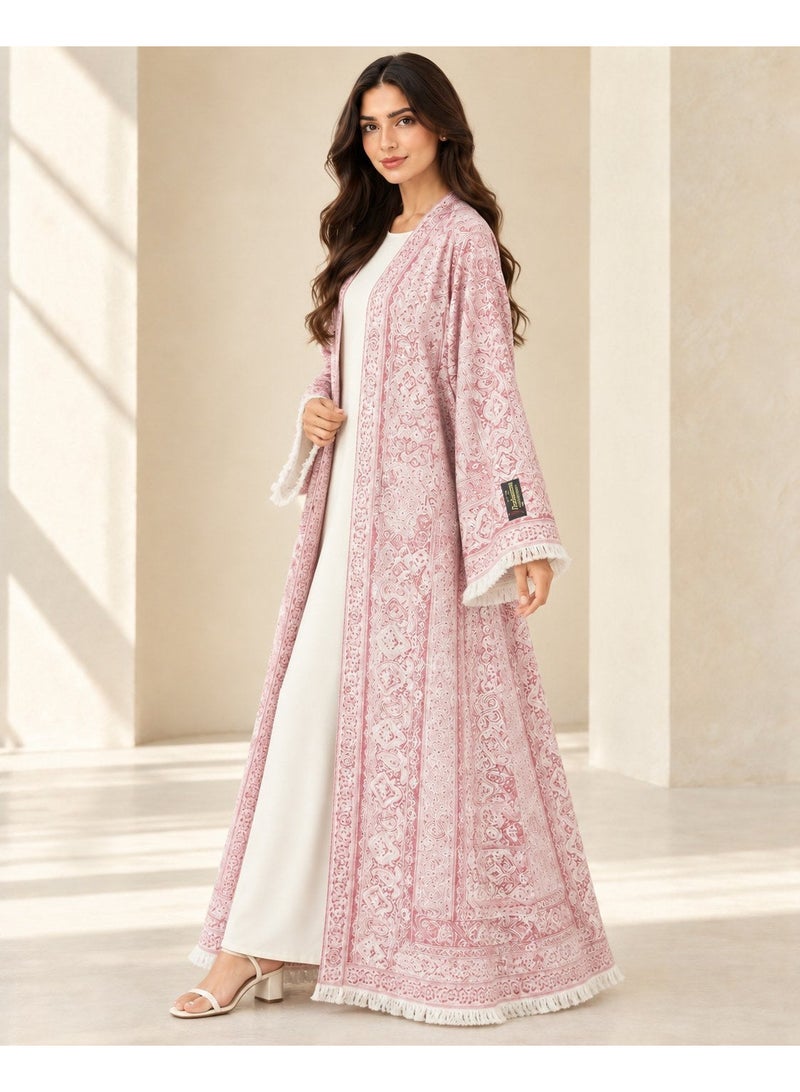 KAVALEE Women's Pink Paisley Pashmina Open Abaya with Matching Scarf - Image 4