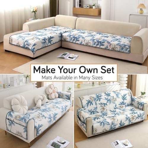 HOKIPO 'HomeHues Series' Printed Quilted Sofa Cover Mats for L Shape and 1/2/3 Seater Sofa. Make Your Own Sofa Cover Set, Mat Length 90(D) X 180(L) Cm, Celadon Blue Camellia (IN-810-D8) - Image 3