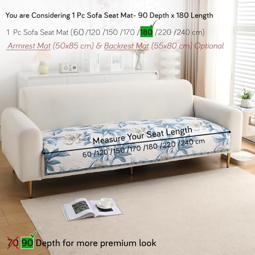 HOKIPO 'HomeHues Series' Printed Quilted Sofa Cover Mats for L Shape and 1/2/3 Seater Sofa. Make Your Own Sofa Cover Set, Mat Length 90(D) X 180(L) Cm, Celadon Blue Camellia (IN-810-D8) - Image 5