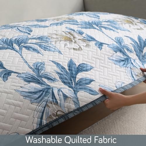 HOKIPO 'HomeHues Series' Printed Quilted Sofa Cover Mats for L Shape and 1/2/3 Seater Sofa. Make Your Own Sofa Cover Set, Mat Length 90(D) X 180(L) Cm, Celadon Blue Camellia (IN-810-D8) - Image 4