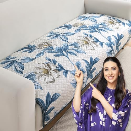 HOKIPO 'HomeHues Series' Printed Quilted Sofa Cover Mats for L Shape and 1/2/3 Seater Sofa. Make Your Own Sofa Cover Set, Mat Length 90(D) X 180(L) Cm, Celadon Blue Camellia (IN-810-D8) - Image 1