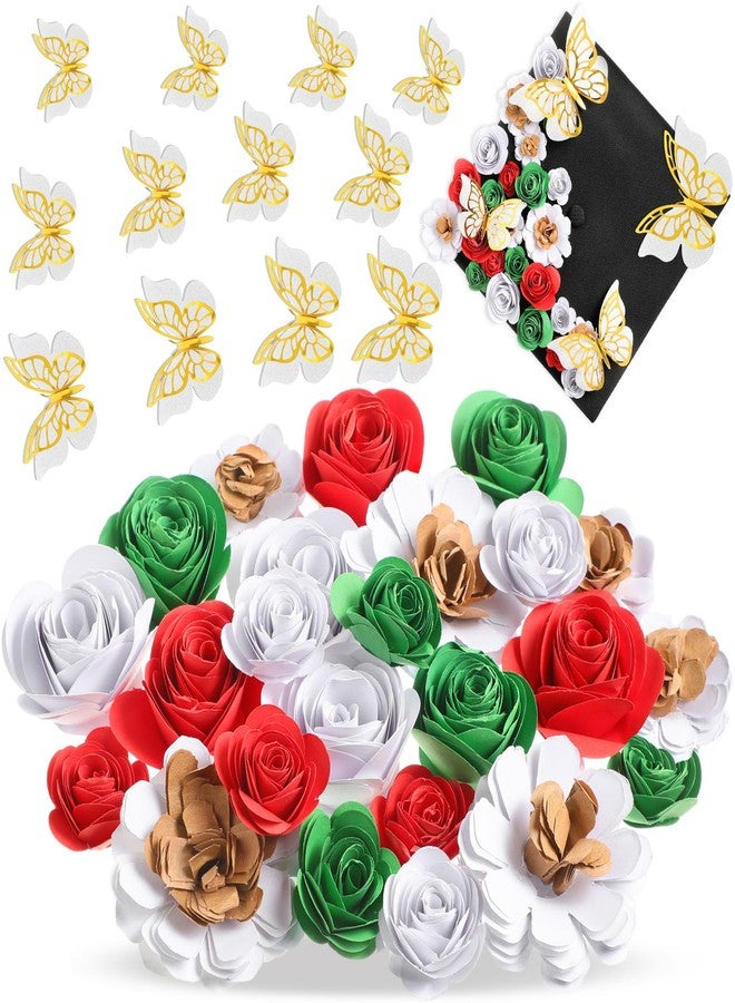 Dinifee 36 Pcs DIY Graduation Cap Decorations Accessory Kit Include Faux Paper Flower Heads 3D Butterfly Grad Cap Mini Paper Flowers Decorations for Grad Cap Topper DIY Graduation Gift(Red, Green) - Image 1